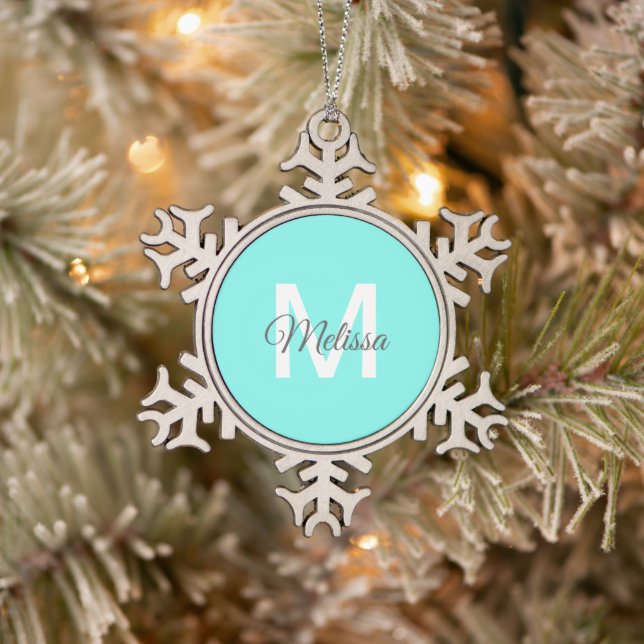 Moder chic minimalalist monogram Turquoise aqua bl Schneeflocken Zinn-Ornament (Baum)