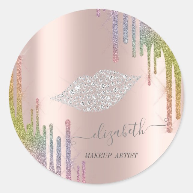 Moder Diamonds Lippen, Rose Gold Regenbogen Tropfe Runder Aufkleber (Vorderseite)