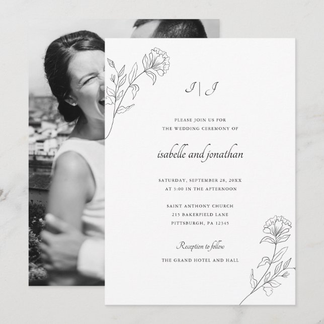 Moder Gezeichnet florale Foto Hochzeit Einladung (Vorne/Hinten)