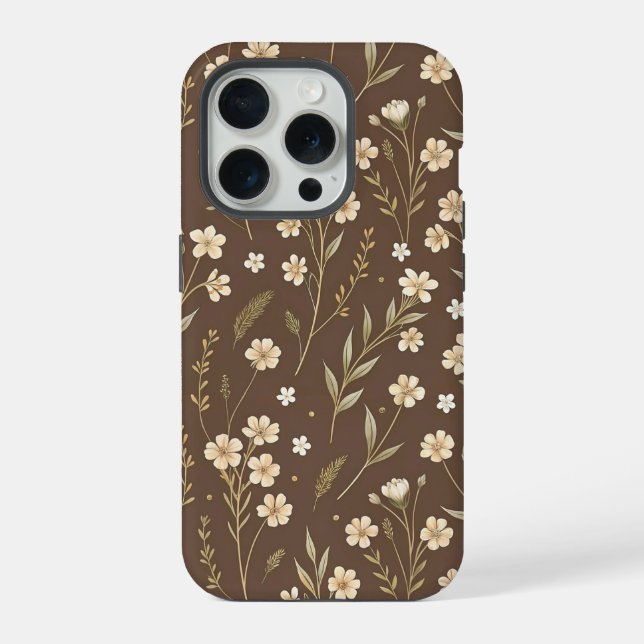 Moder Pattern Wilflowers Brown Background iPhone 15 Pro Hülle (Rückseite)