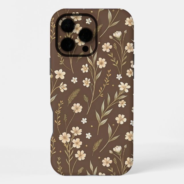 Moder Pattern Wilflowers Brown Background iPhone 16 Pro Max Hülle (Rückseite)