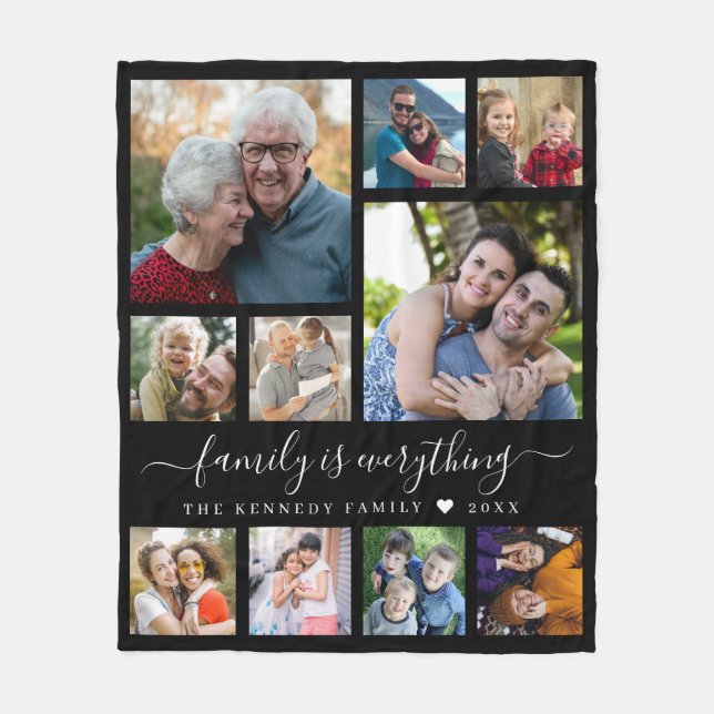 Modern 10 Photo Collage Family Name Quote Black Fleecedecke (Vorderseite)