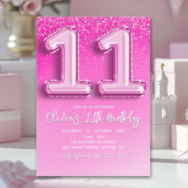 Modern 11th Birthday Girl with Pink Number Balloon Einladung (Von Creator hochgeladen)