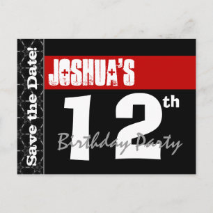 Modern 12. Geburtstag Save the Date Red Black V003 Ankündigungspostkarte