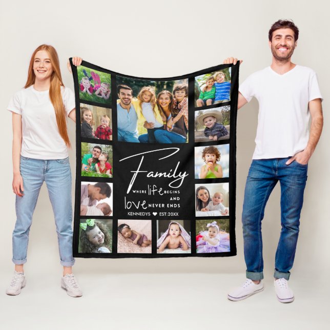 Modern 13 Photo Collage Family Quote Name Black  Fleecedecke (Beispiel)