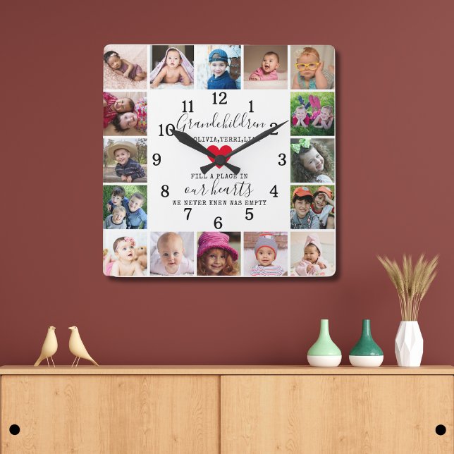 Modern 16 Photo Collage Frame Grandchildren Quote Quadratische Wanduhr (Von Creator hochgeladen)