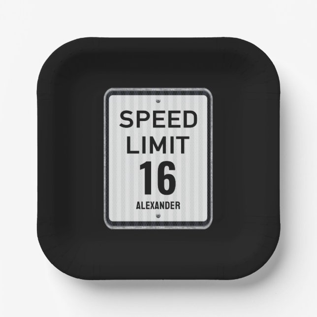 Modern 16th Birthday Speed Sign Pappteller (Vorderseite)