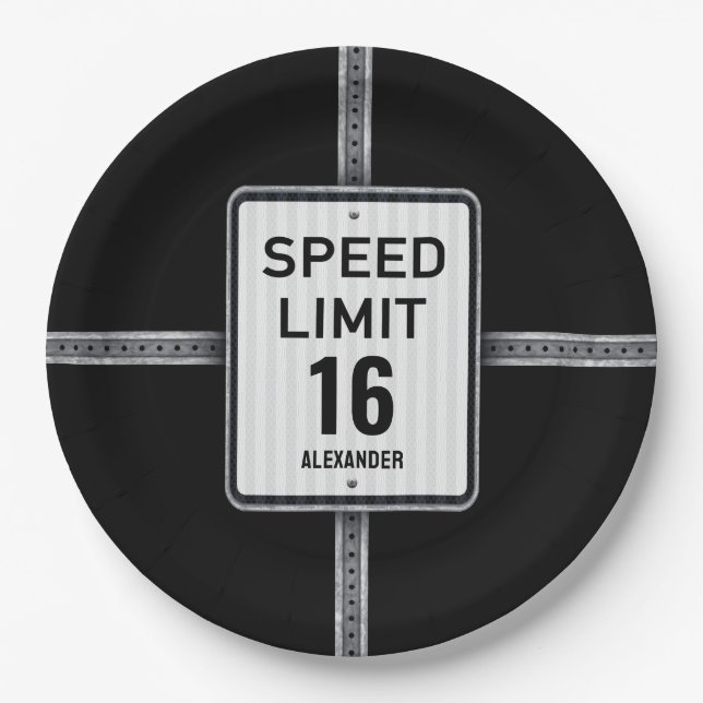 Modern 16th Birthday Speed Sign Pappteller (Vorderseite)