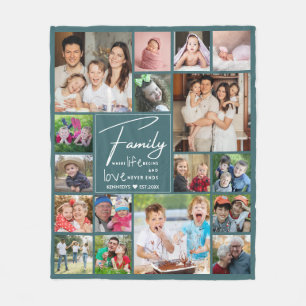 Modern 17 Foto Collage Family Quote Name Grün Fleecedecke