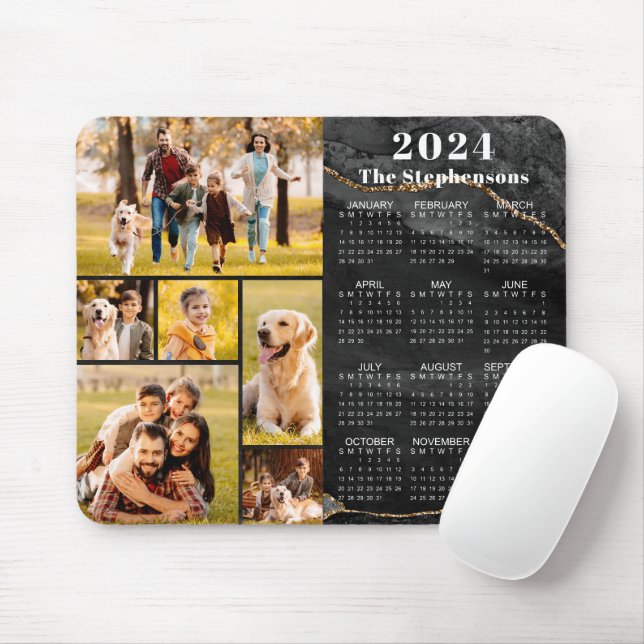 Modern 2024 Kalender 6 Foto Collage Black Agate Mousepad (Mit Mouse)