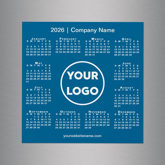 Modern 2026 Calendar Company Logo auf Blue Magnet (Modern 2026 Calendar Company Logo on Blue Magnet, in situ)