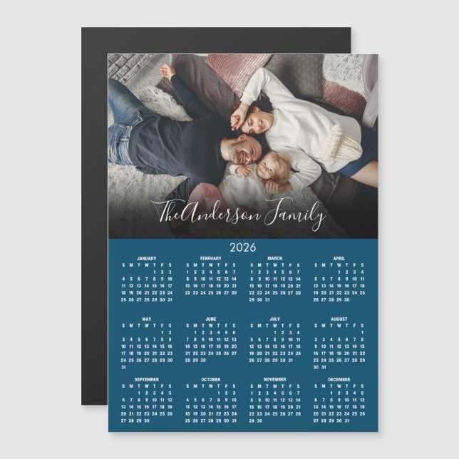 Modern 2026 Calendar Family Photo Blue Magnet (Devant / Derrière)