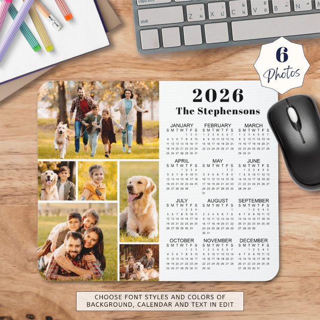 Modern 2026 Kalender 6 Foto Collage Personalisiert Mousepad (Von Creator hochgeladen)