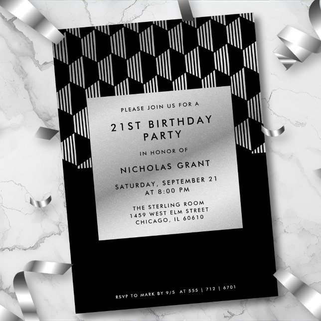 Modern 21st Birthday Classy Black Faux Silver Foil Einladung (Bold black & faux silver geometric style. Modern design for a chic 21st celebration.
)