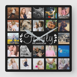 Modern 22 Family Photo Collage & Name Quadratische Wanduhr