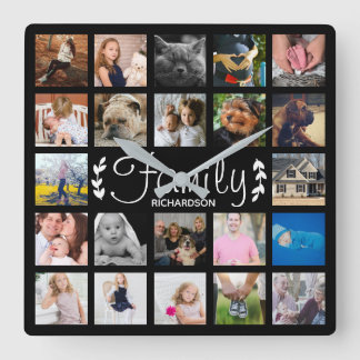 Modern 22 Family Photo Collage & Name Quadratische Wanduhr