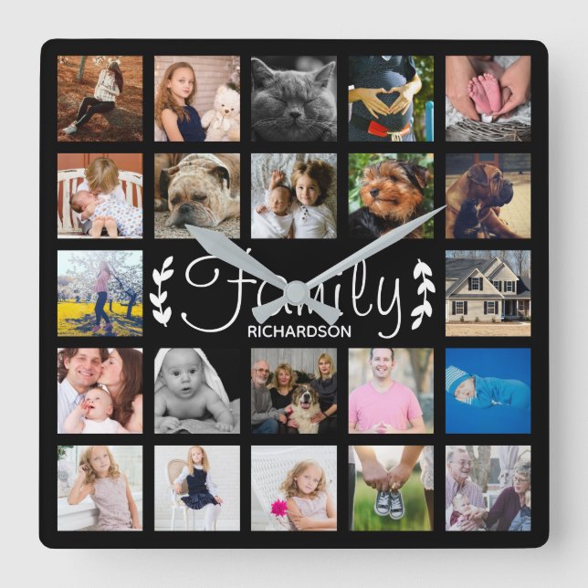 Modern 22 Family Photo Collage & Name Quadratische Wanduhr (Vorderseite)