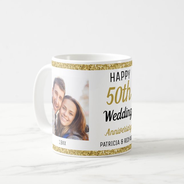 Modern 2 Foto 50 Gold Jubiläum Glitzer-Namen Kaffeetasse (Vorderseite Links)