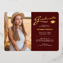 Modern 2 Foto Red White & Gold Foil Grad Card Folieneinladung