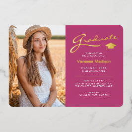 Modern 2 Foto Rosa Weiß & Gold Foil Grad Card Folieneinladung