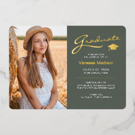 Modern 2 Foto Sage Green & Gold Foil Grad Card Folieneinladung