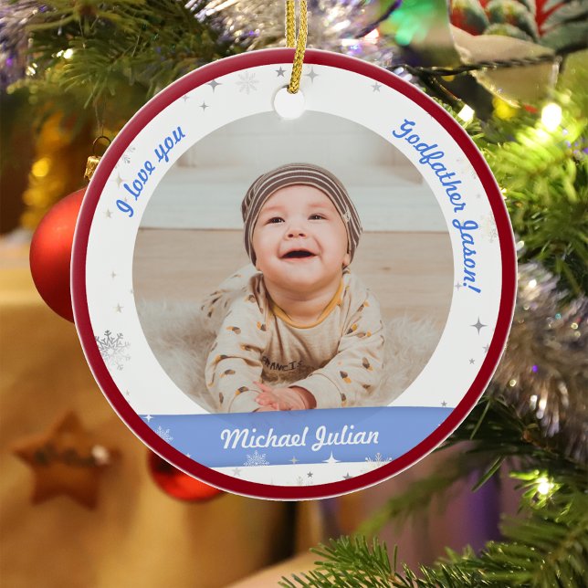 Modern 2 Fotos Baby Boy 1. Weihnachtsgottvater Keramik Ornament (Modern Elegant Cute First Christmas Baby I love you Godfather Name 2 Photos Snowflakes Stars Red)