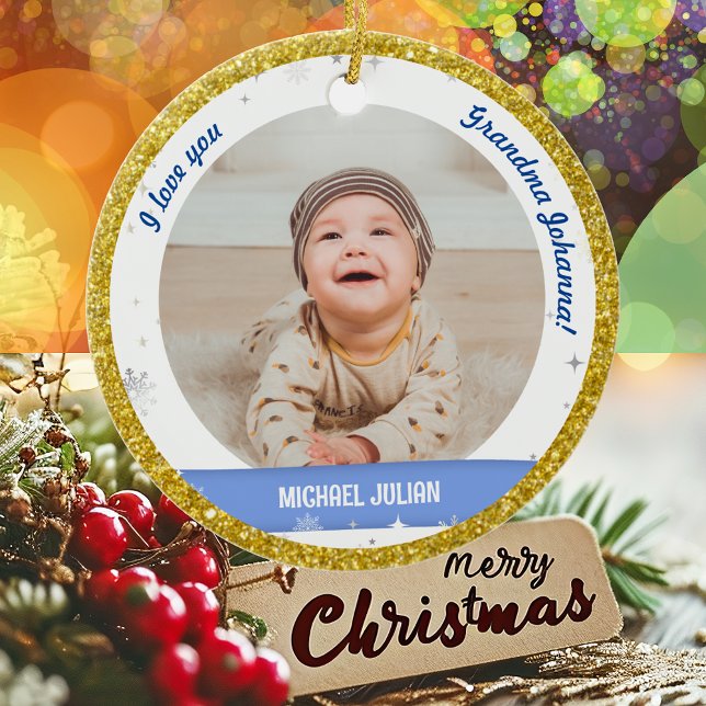 Modern 2 Fotos Baby Boy First Christmas Oma Keramik Ornament (Modern Elegant Cute I love you, Grandma! First Christmas Baby Boy 2 Photos Snow Golden Faux Glitter)