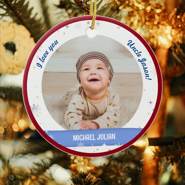 Modern 2 Fotos Baby Boy First Christmas Onkel Keramik Ornament (Cute Modern Elegant Personalized First Christmas Baby I love you Uncle Baby Boy 2 Photos Snowflakes)