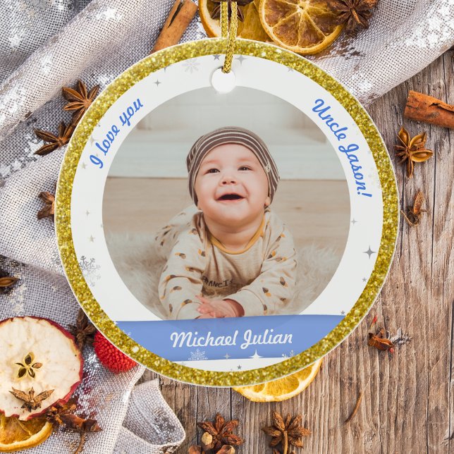 Modern 2 Fotos Baby Boy First Christmas Onkel Keramik Ornament (Modern Elegant Cute First Christmas Baby I love you Uncle Personalized Name Snowflakes Golden Frame)