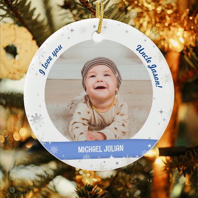 Modern 2 Fotos Baby Boy First Christmas Onkel Keramik Ornament (Modern, Cute, Elegant I love you, Uncle! First Christmas Baby Boy. 2 Personalized Photos. Snowflakes)