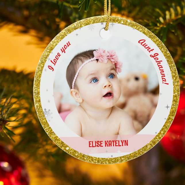 Modern 2 Fotos Baby Girl Erstes Weihnachtsfest Keramik Ornament (Modern Elegant Cute I love you, Aunt First Christmas Baby Girl Name 2 Photos Golden Faux Glitter)