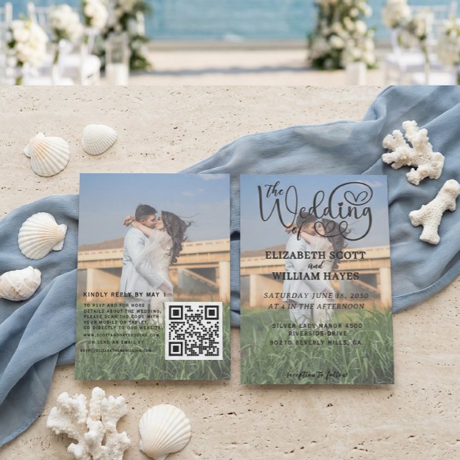 Modern 2 Photo QR Code Romantic Script Wedding Einladung (Von Creator hochgeladen)