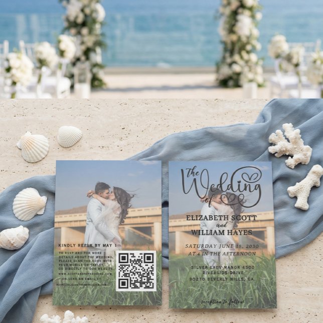 Modern 2 Photo QR Code Romantic Script Wedding Inv Einladung (Von Creator hochgeladen)