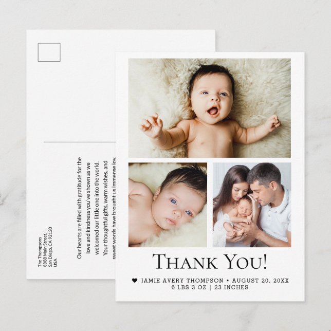 Modern 3 Baby Foto Birth Stats Vielen Dank Postkarte (Vorne/Hinten)