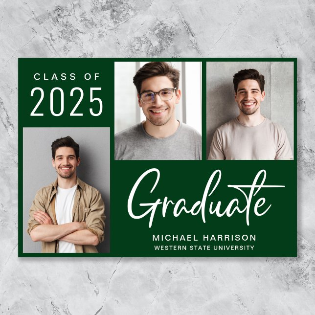 Modern 3 Foto Bold Script Green Abschluss Ankündigung (Cherish the milestone: share your graduate's achievement with a custom photo graduation announcement)