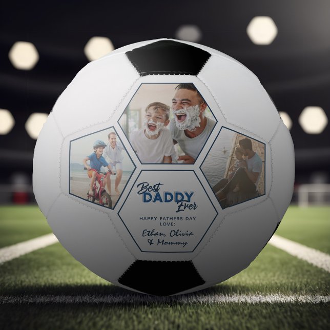 Modern 3 Foto Collage Bester Daddy je Fußball (Easily personalize this Best Daddy Ever Soccer ball with your photos and text for a unique gift)