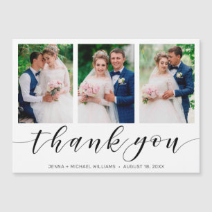 Modern 3 Foto Collage Black Script Hochzeit Dank Magnetkarte