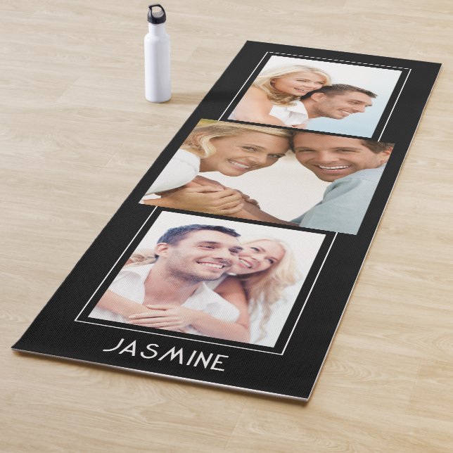 Modern 3 Foto Collage Name Personalisiert Black Yogamatte (Beispiel)