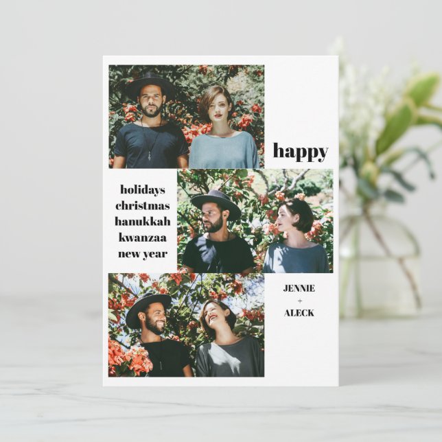 Modern 3 Foto Collage Schwarz-Weiß Weihnachten (Stehend Vorderseite)