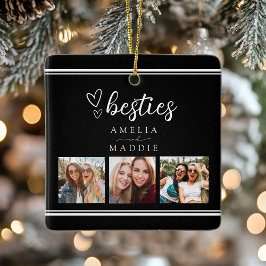 Modern 3 Photo Collage Besties Black and White  Keramikornament