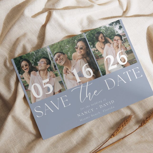 Modern 3 photo Collage Dusty Blue Wedding   Save The Date (Von Creator hochgeladen)
