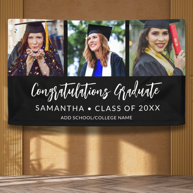 Modern 3 Photo Congratulations Black Graduation Banner (Von Creator hochgeladen)