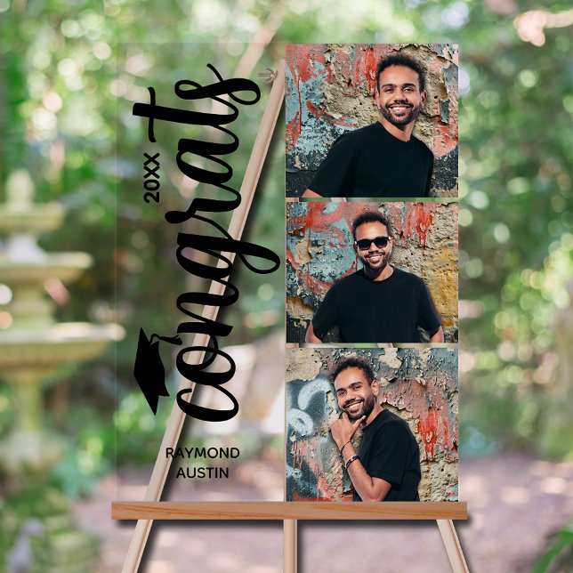 Modern 3 Photo Graduation Party (Modern 3 photo graduation party acrylic sign with your details on chic black lettering)