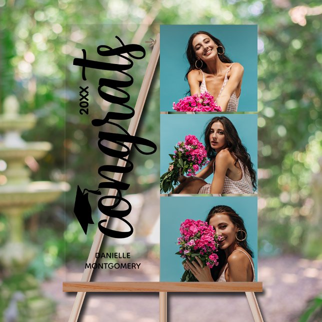 Modern 3 Photo Graduation Party (Modern 3 photo graduation party acrylic sign with your details on chic black lettering)