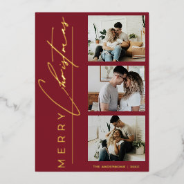 Modern 3 Photo Minimalist Red Christmas Script Folien Feiertagskarte