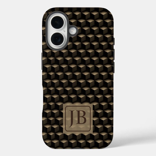 Modern 3D Monogram, Geometric Bronze Pattern iPhone 16 Hülle (Rückseite)