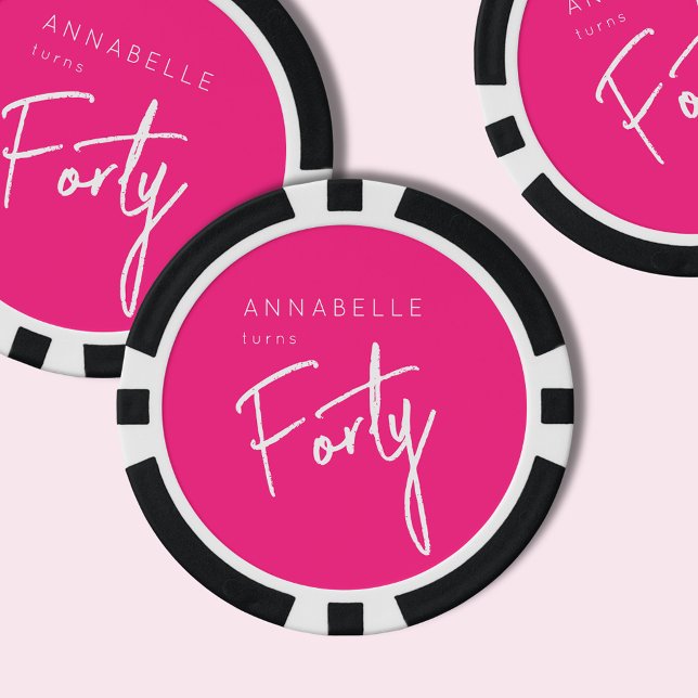 Modern 40. 40. Geburtstag Pink Pokerchips (Hot pink custom poker chips for 40th birthday party celebrations.)