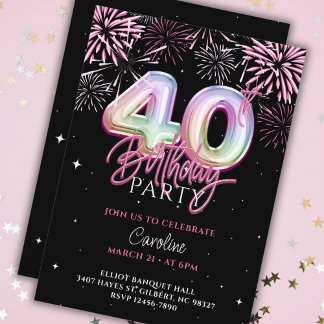 Modern 40. Pink Foil Ballon Feuerwerk Geburtstag Einladung