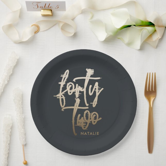 Modern 42. Geburtstag Black Gold elegante Drehbuch Pappteller (Hochzeit)