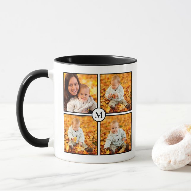Modern 4 Foto Collage Black Monogramm Tasse (Mit Donut)